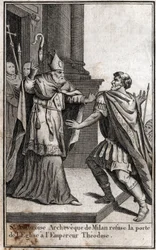 Excomunhão: o arco de Santo Ambrósio de Milão (Aurelius Ambrosius, Ambrogio di Milano (340-397) recusa a porta da igreja ao imperador romano Theodosius I (Flavius Theodosius) (347-395) para castigá-lo pelo massacre de Tessalônica em 390. Gravação em