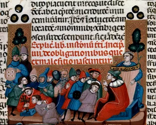 Execução de uma condenação em miniatura do Código Justiniano (Codex Justinianus), um conjunto de leis e instituições redigidas sob o Imperador Romano Justiniano I de Bizâncio (483-565)