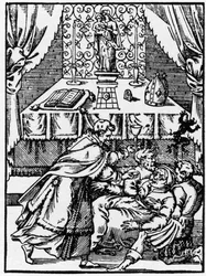 Exorcismo: um demônio deixa o corpo de um bruxo possuído enquanto um padre lhe oferece a comunhão - Gravação de "Histórias Prodigiosas" de Pierre Boaistuau