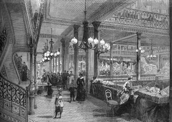 Expansões das Lojas "Bon marche": Nova galeria que leva ao Buffet. Paris 1880.