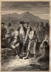 Expedição ao redor do mundo (1785-1788) por Jean Francois Galaup de La Perouse (1741-1788): os marinheiros descascam na ilha de Saghalian (Sakhaline) encontram um velho que lhes desenhou um mapa da Tartaria - ilustração tirada de "The Great Mariners of the