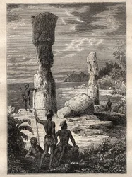 Expedição pelo mundo (1785-1788) por Jean Francois Galaup de La Perouse (1741-1788): Indígenas da Ilha de Páscoa olhando para estátuas monumentais (Moai) - ilustração tirada de "Os Grandes Marinheiros do século XVIII".