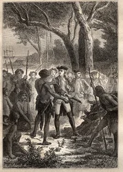Expedição de Nicolas Thomas Marion-Dufresne (Marion Dufresne) (1729-1772): Marion descascada em Frederick Henry Bay (Tasmânia) e foi oferecida uma brandon acesa pelos indígenas - ilustração retirada de "Os Grandes Marinheiros do século XVIII".