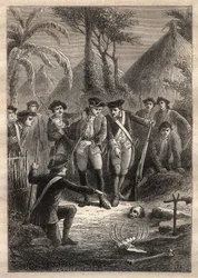 Expedição de Nicolas Thomas Marion-Dufresne (Marion Dufresne) (1729-1772): em busca de Marion e seus companheiros desaparecidos, marinheiros descobrem um crânio e restos humanos na aldeia de Tacouri (Ilha Matuaro, Nova Zelândia) - ilustração tirada de "The