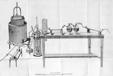 Experiência de Lavoisier. Gravura desde o início do século XIX.