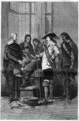 Experiência de William Harvey (1578-1657), médico inglês mostrando Charles I Stuart (1600-1649), rei da Inglaterra, e médicos do Royal College de Londres, o fenômeno da circulação do sangue em uma corça viva. Gravura em "La Nature".