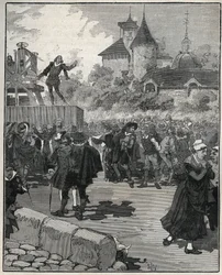 Experiência de cunhagem mecânica por Nicolas Briot (Engraveur du Royaume de France) (1579-1646) em 1616. Gravura de 1885 em "Les arts et metiers illustres" de Adolphe BITARD.