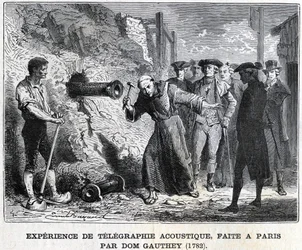 Experiência em telegrafia acústica, feita em Paris por Gauthey em 1782, gravura do século XIX, coleção Bianchetti.
