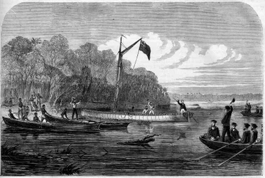 Exploração do jornalista Henry Morton Stanley (1841-1904) em busca do Dr. David Livingstone (1813-1873), um médico britânico e explorador na África Austral. Gravura no "The Illustrious Universe" (O Universo Ilustre)