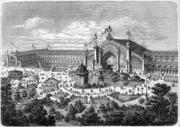 Exposição Universelle de Lyon: as galerias vistas do parque. Gravura em "L