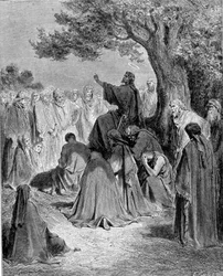 Extracto do Evangelho de São Mateus. Jesus Cristo prega perante a multidão dos seus discípulos. Gravura do século XIX.