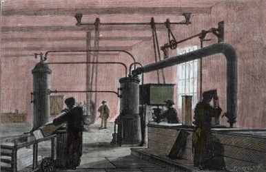 Fábrica para o fabrico de gelo com o sistema de Ferdinand Carre (1824-1894). Gravura do século XIX.
