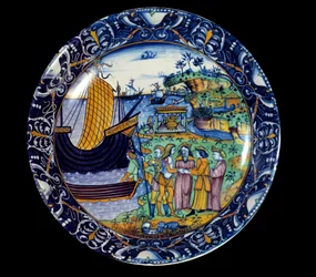 Prato de faiança representando a chegada de Enee em Delos recebido pelo Rei Arius. 1497 Sevres, Museu Nacional Renascentista