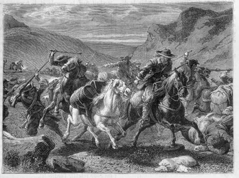 Falsos sauniers (falsos sauniers) atacam numa emboscada dos soldados do rei - em "As maravilhas da indústria", de Louis Figuier