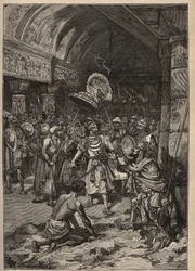Diamantes famosos: O marajá de Lahore, Ranjit Singh (1780-1839), assume o diamante Koh-i Nor (Koh i Nor, Kuh-e Nur, Kuh e Nur, Koh-i-noor, Koh i Noor). Gravura de 1885 em "Les arts et metiers illustres", de Adolphe BITARD.