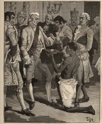 Diamantes famosos: as "Maravilhas das Maravilhas" apresentadas ao Imperador do Brasil, João VI de Portugal (João VI conhecido como o Clemente) (1767-1826), em 1809. Gravura de 1885 em "Les arts et metiers illustres", de Adolphe BITARD.