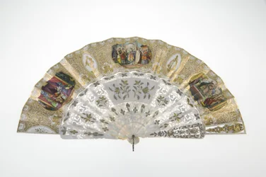 Fã, c.1860, Papel impresso e pintado, mãe de pérolas, ouro, prata e metais de cobre, e espelho, Criador desconhecido