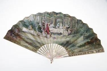 Ventilador, c.1870, Papel impresso e pintado, mãe de pérolas, ouro, prata e metais de cobre, e espelho, Criador desconhecido