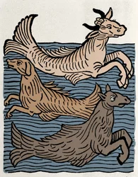 Criaturas fantásticas: representação de uma vaca, um cão e um cavalo marinho. Gravura de "Hortus sanitatis".