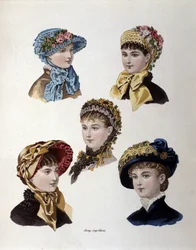 Moda do final do século XIX: diferentes modelos de chapéus de senhora