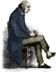 Padre Goriot. Gravura de meados do século XIX. Ilustração para "O Padre Goriot" de Honore de Balzac (1799-1850).