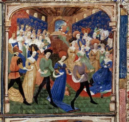 Festa na Corte do Rei Arthur Queen Genievre é rodeada por 12 reis. Miniatura do manuscrito "O romance do Quete do Graal" 1450-1460 Dijon. Biblioteca Municipal