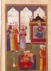 Festa organizada pelo Sultão com encantador de serpentes e músicos em miniatura de um manuscrito do século XVI. Veneza, Biblioteca Marciana