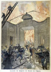 Intervenção dos bombeiros durante o incêndio da loja de decoração da ópera. ilustração do "Petity Journal" em 1894.