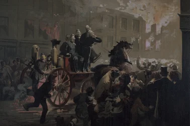 Motor de bombeiros, final do século XIX (cor litho)