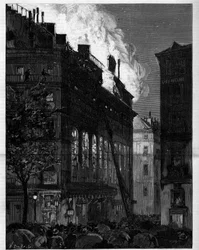 Incêndio da Ópera Comique (Opera-Comique) em Paris visto da Rue Marivaux e Boulevard des Italians em 26 de Maio de 1887. Gravura em "Le monde illustrious" (O monde ilustre)