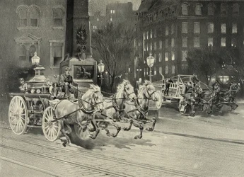 Veículo de bombeiros puxado por cavalos que chegam ao local do incêndio. EUA. 1895