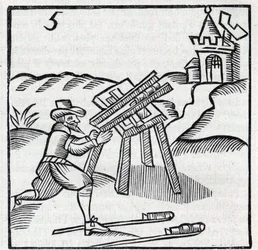 Fogos de artifício e fogo-de-artifício: Atiradores de pauzinhos artesanais. Reprodução das gravuras da obra do jesuíta francês Jean Leurechon "La recreation mathematiques, ou Interview facetieux sur plusieurs plaisants problemes, en fait d