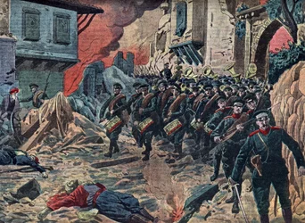 Primeira Guerra dos Balcãs "O Exército Búlgaro triunfante após a Batalha de Kirk Kilisse (Lozengrad) em 24/10/1912, Turquia" (A Batalha de Kirk Kilisse (ou Batalha de Kirkkilise) fez parte da Primeira Guerra dos Balcãs entre os exércitos da Bulgária e do I
