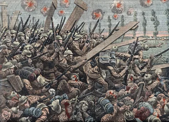 Primeira Guerra Mundial: exército alemão na batalha de Yser, outubro de 1914 Ilustração de "Le pelerin", 29 de novembro