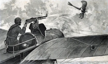 Primeira Guerra Mundial: "o aviador francês Jules Vedrines (1881-1919) a bordo do seu Bleriot abate um avião alemão Taube, 2/09/1914" (WWI: o aviador francês Jules Vedrines no seu avião Bleriot abate um Taube com a sua metralhadora, 2 de setembro de 1914