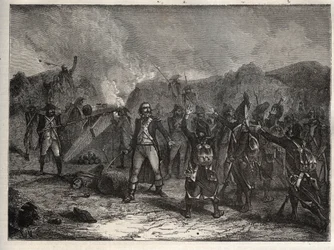 Primeira coligação: Coronel Antoine Guillaume (Antoine-Guillaume) Ramponte (1759-1842) na Batalha de Montenotte em 12 de abril de 1796, durante a campanha italiana contra as tropas francesas de Napoleão Bonaparte contra as armees austríaca e sarda - france