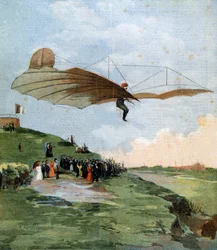 Primeiro teste de planeio de Otto Lilienthal (1848-1896), um engenheiro alemão, na sua aeronave em 1894