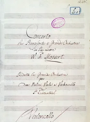 Primeira página de partituras para Concerto para piano e grande orquestra em D menor por Mozart, versão Lichtenthal (século XIX)