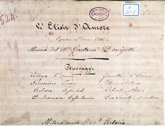 Primeira página de partituras para O elixir do amor, ópera de Gaetano Donizetti