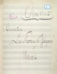 Primeira página de partituras para oboé de Le nozze di Figaro, oopera de Mozart (século XIX)