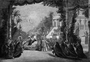 Primeira representação no teatro de ópera de Paris em 1863 da ópera "Les Troyens", de Hector Berlioz. 5º acto: A morte de Didon.
