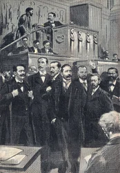 Primeira sessão da Câmara dos Deputados eleita em 1898: Paul Deschanel (1855-1922), Presidente da Câmara dos Deputados. Paul Adolphe Granier de Cassagnac (1842-1904), Lucien Millevoye (1850-1918), Paul Deroulede (1846-1914), Jacques Piou (1838-1932), Eugen