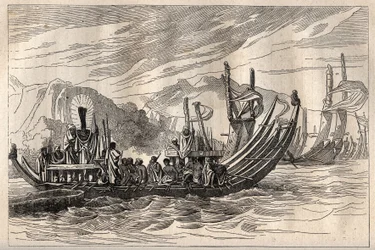 Primeira viagem (1768-1771) do Capitão James Cook (1728-1779): a frota do Tahiti reunida em Oparee - ilustração tirada de "Os Grandes Marinheiros do século XVIII".