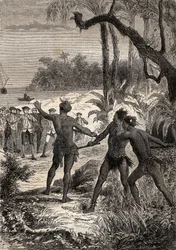 Primeira viagem (1768-1771) do Capitão James Cook (1728-1779): enquanto Cook e dez marinheiros navegam na costa meridional da Nova Guiné, três índios levantam-se do bosque com grandes gritos - ilustração retirada de "Os Grandes Marinheiros do século XVIII"