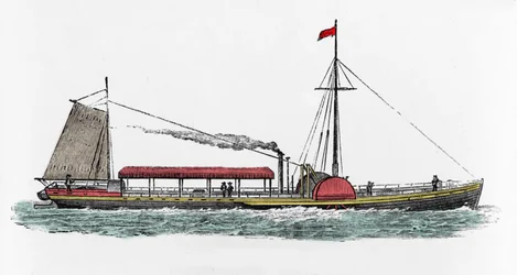 Primeira viagem do barco a vapor "Clermont" de Robert Fulton (1765-1815), engenheiro americano no rio Hudson, EUA