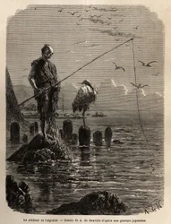 Pescador da Baía de Yedo (ou Edo, actual Tóquio), agarrado por uma águia, uma águia baixa, os barcos colocam os pescadores sobre blocos de pedra colocados a seco na baía, estes últimos permanecem direitos, imóveis e pescam com o hamecon do peixe que desliz