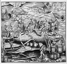 Pesca e caça à baleia, baseada numa gravura em madeira da "Cosmografia Universal" de Thevet. Paris 1575