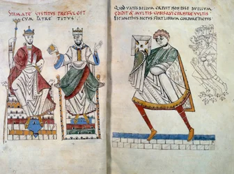 Flavius Josephe (originalmente Yossef ben Matityahu, historiador judeu de língua grega (37-100) oferecendo o seu livro aos imperadores Tito e Vespasiano. Miniatura tirada de "De Bello Judaico (Guerra dos Judeus)" (fólio 2 e 3)