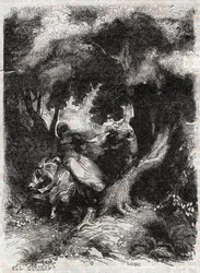 Vôo de Angélica (Angelica) durante a batalha - gravura de 1851 de "Furious Roland" (Orlando furioso) (século XVI) de Ludovico Ariosto, conhecido como Ariosta - Edição traduzida do italiano pelo Conde de Tressan e publicada por Gustave Harva