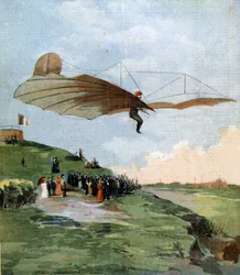 Voo de Otto Lilienthal (1848 - 1896), pioneiro do voo à vela. 1894.